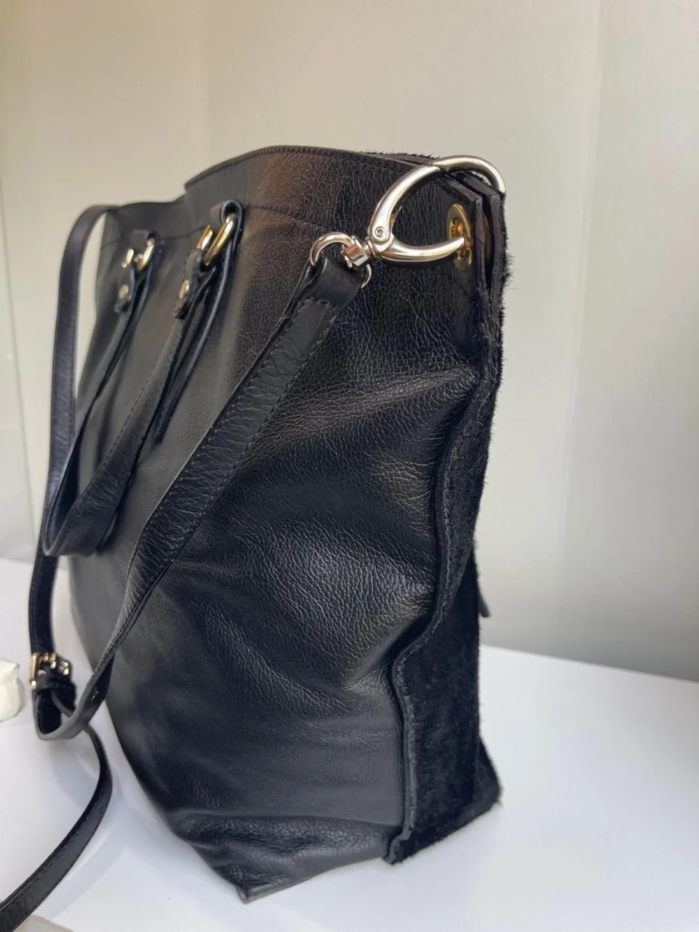 PULICATI Black Calf Hair Leather Satchel Crossbody